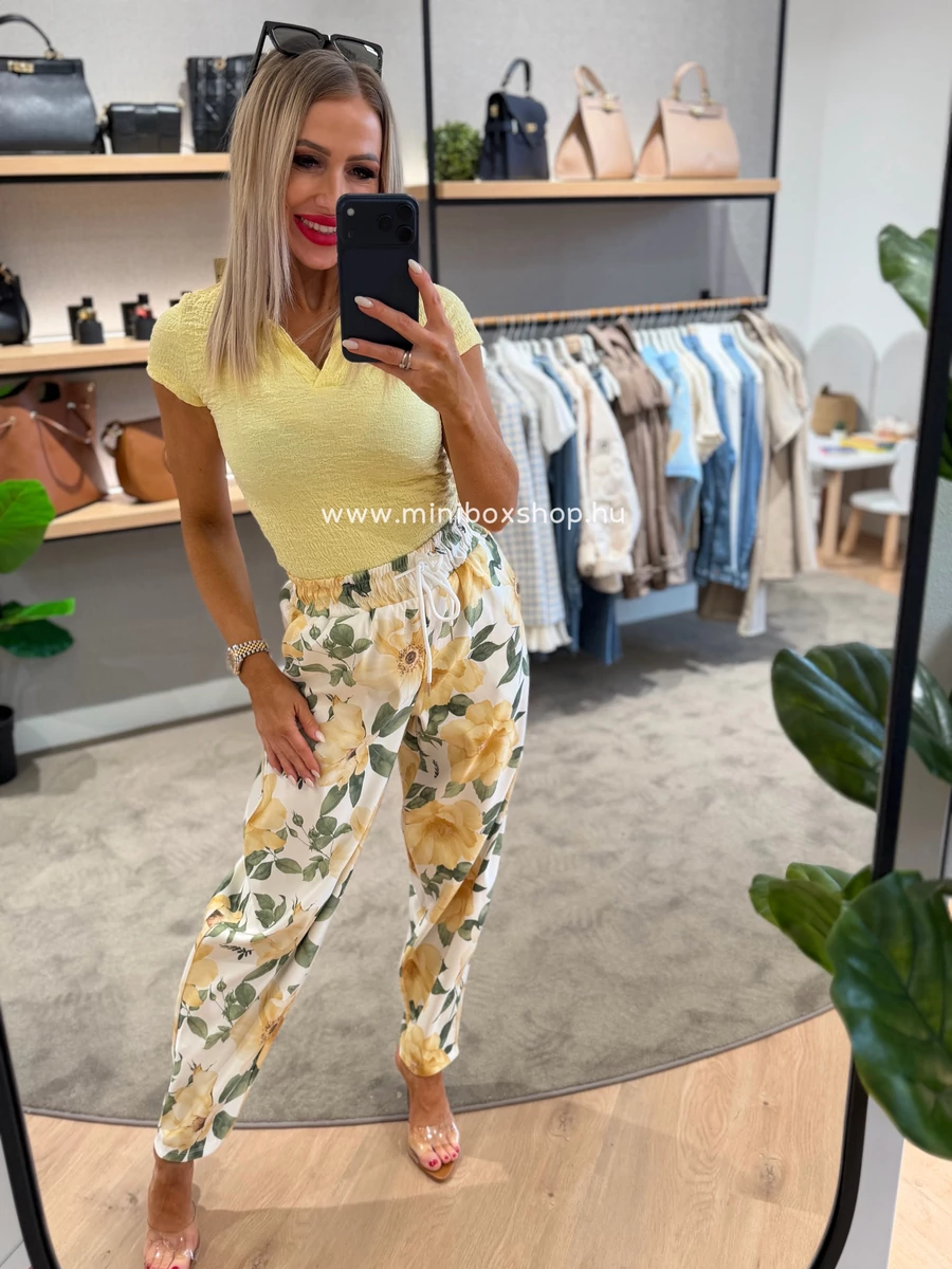 YELLOW Flowers gumis derekú nadrág