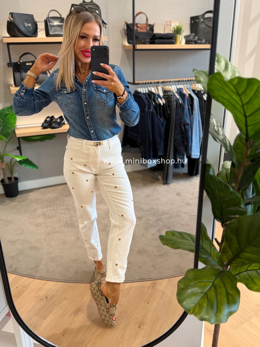 LOVE White hímzett MOM farmernadrág