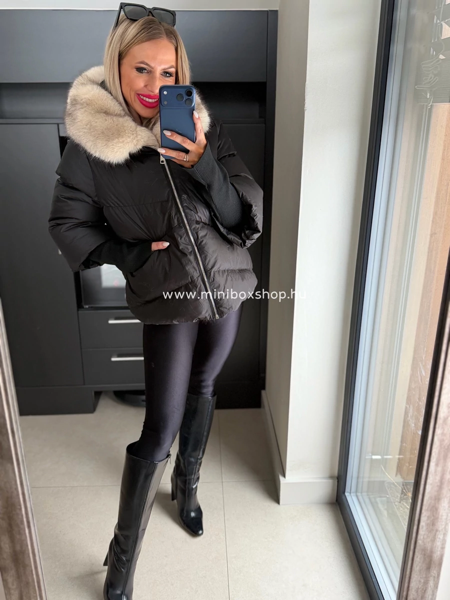 BELLU Limited Black&Nude kabát - finom szőrmével